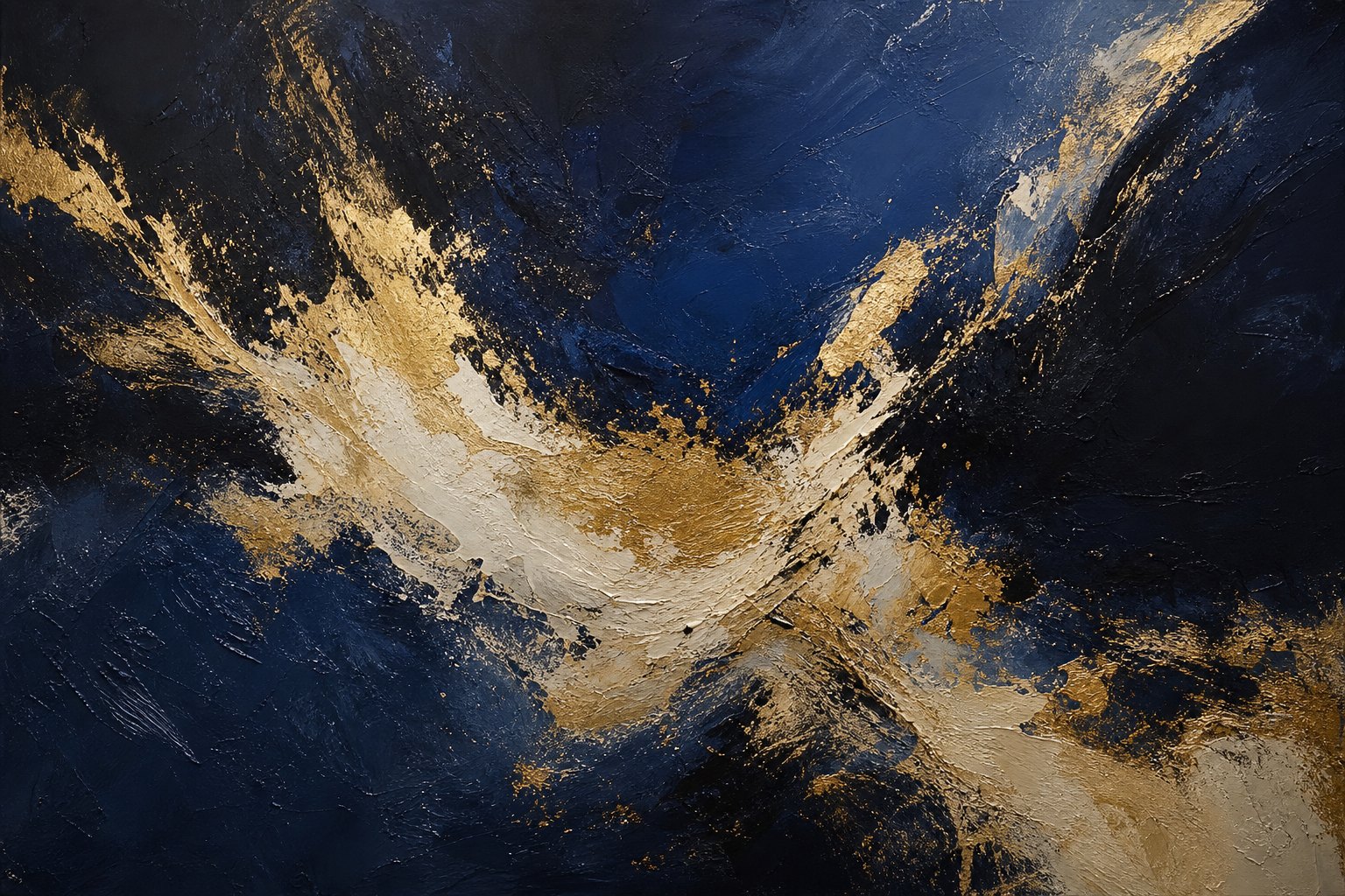 Large-scale abstract painting in navy, black and gold
